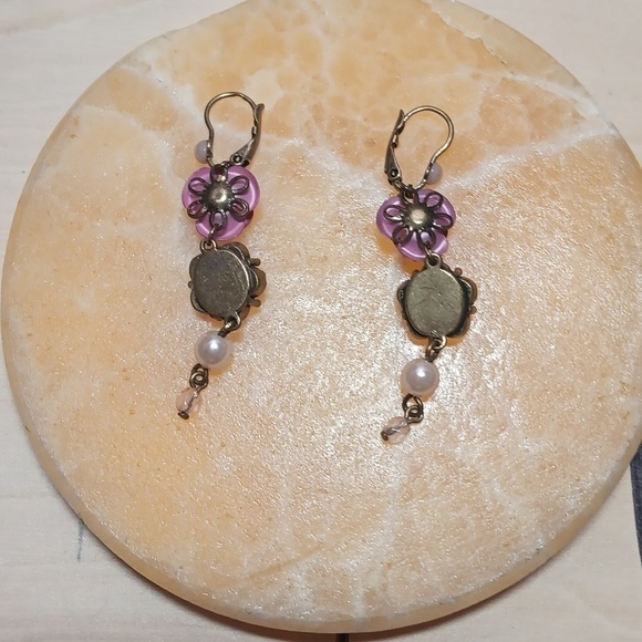 Brass Tone Rose Rhinestone Faux Pearl Drop Earrings - Picture 5 of 7
